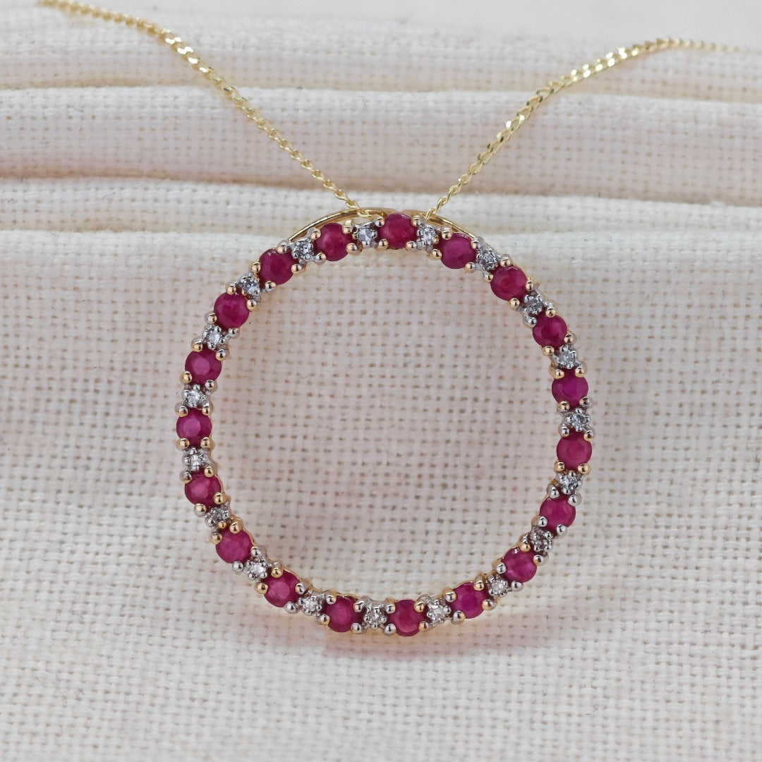 9ct Gold Ruby Diamond Necklace Circle Natural Gemstone