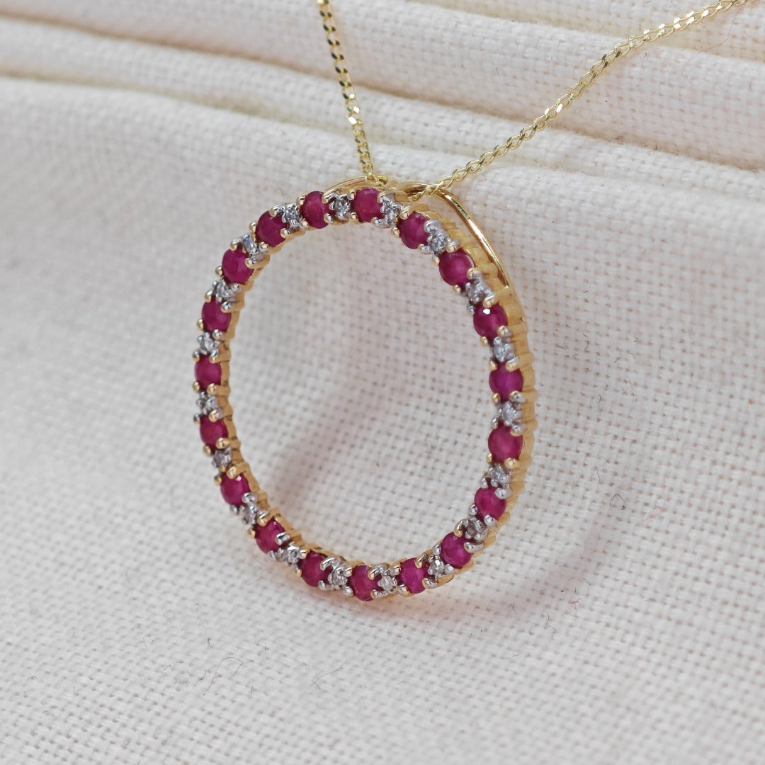 9ct Gold Ruby Diamond Necklace Circle Natural Gemstone