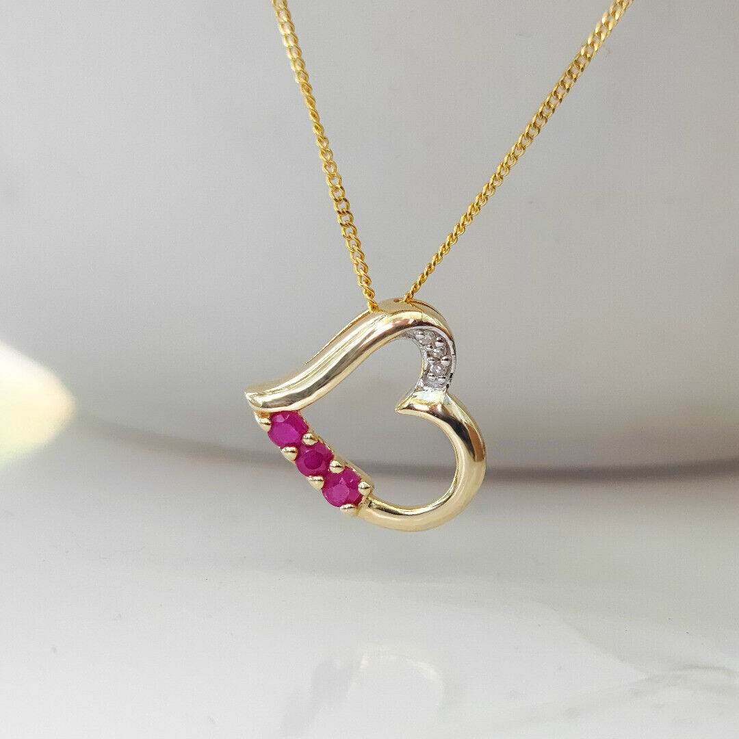 9ct Gold Necklace Diamond Ruby Heart