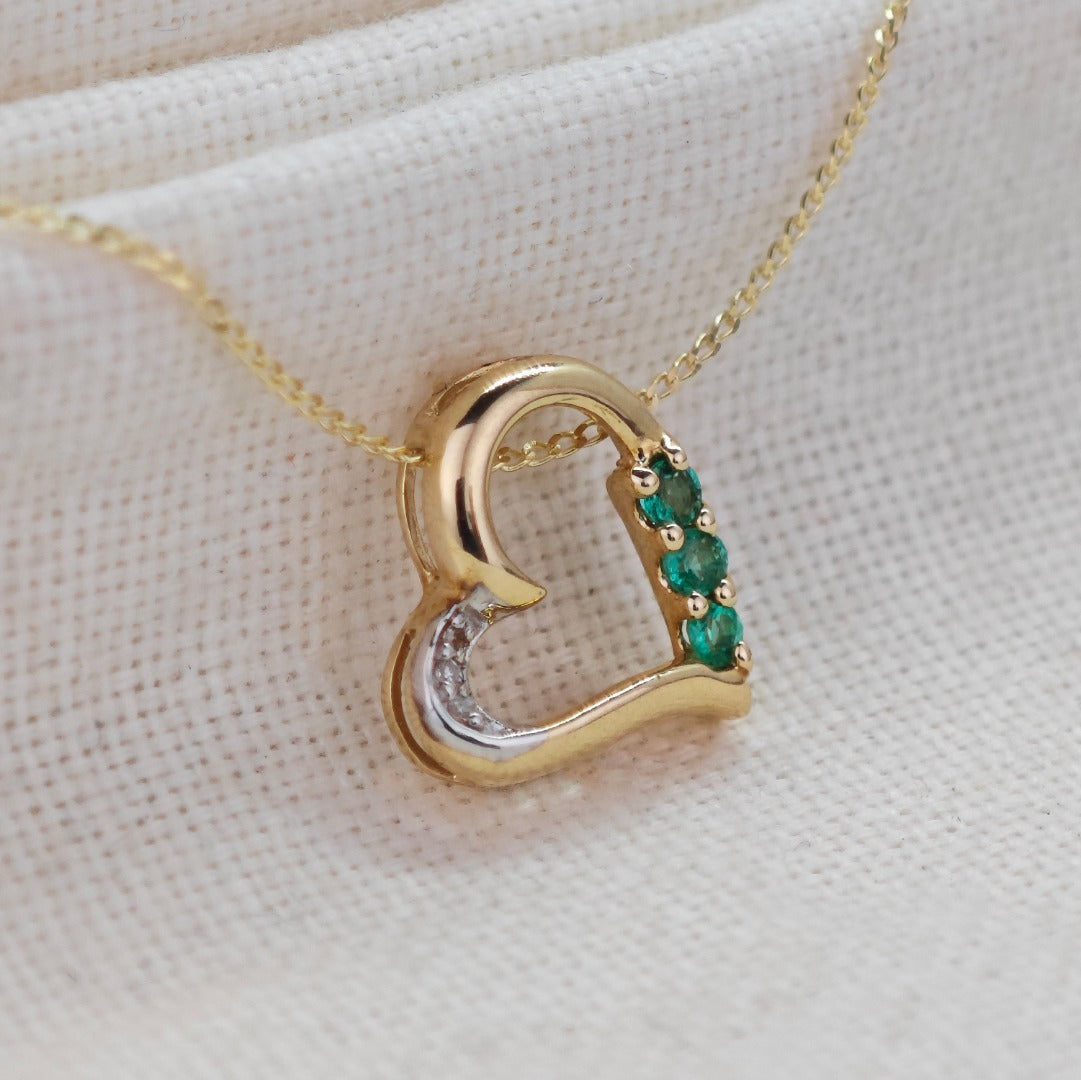 9ct Gold Emerald Necklace Diamond Heart Natural Green Gemstones