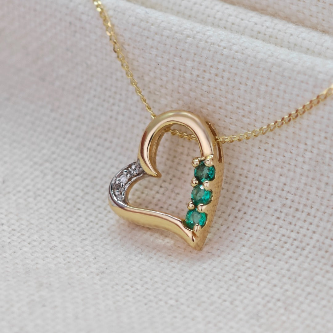 9ct Gold Emerald Necklace Diamond Heart Natural Green Gemstones