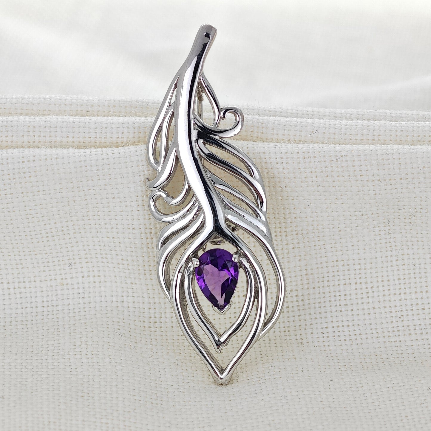 Amethyst Sterling Silver Brooch 0.61ct Peacock Feather February Birthstone