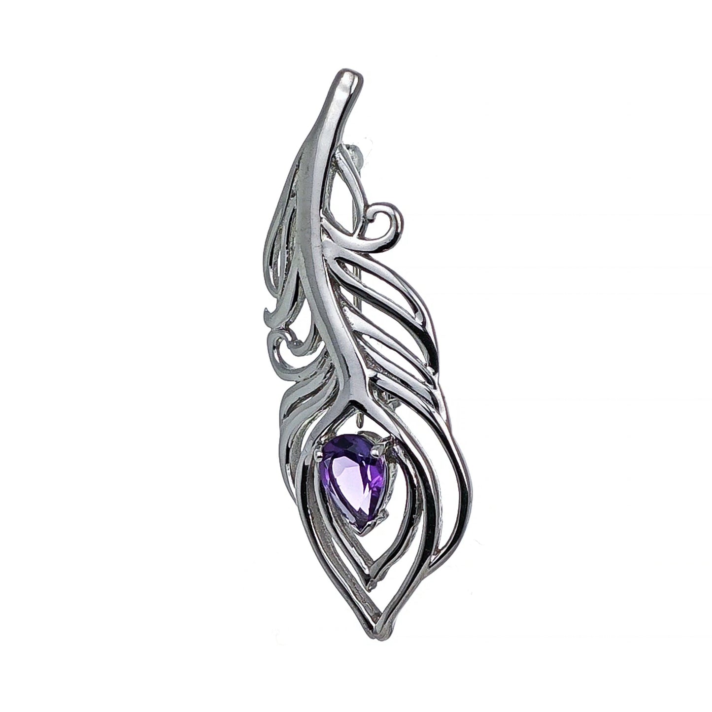 Amethyst Sterling Silver Brooch 0.61ct Peacock Feather February Birthstone