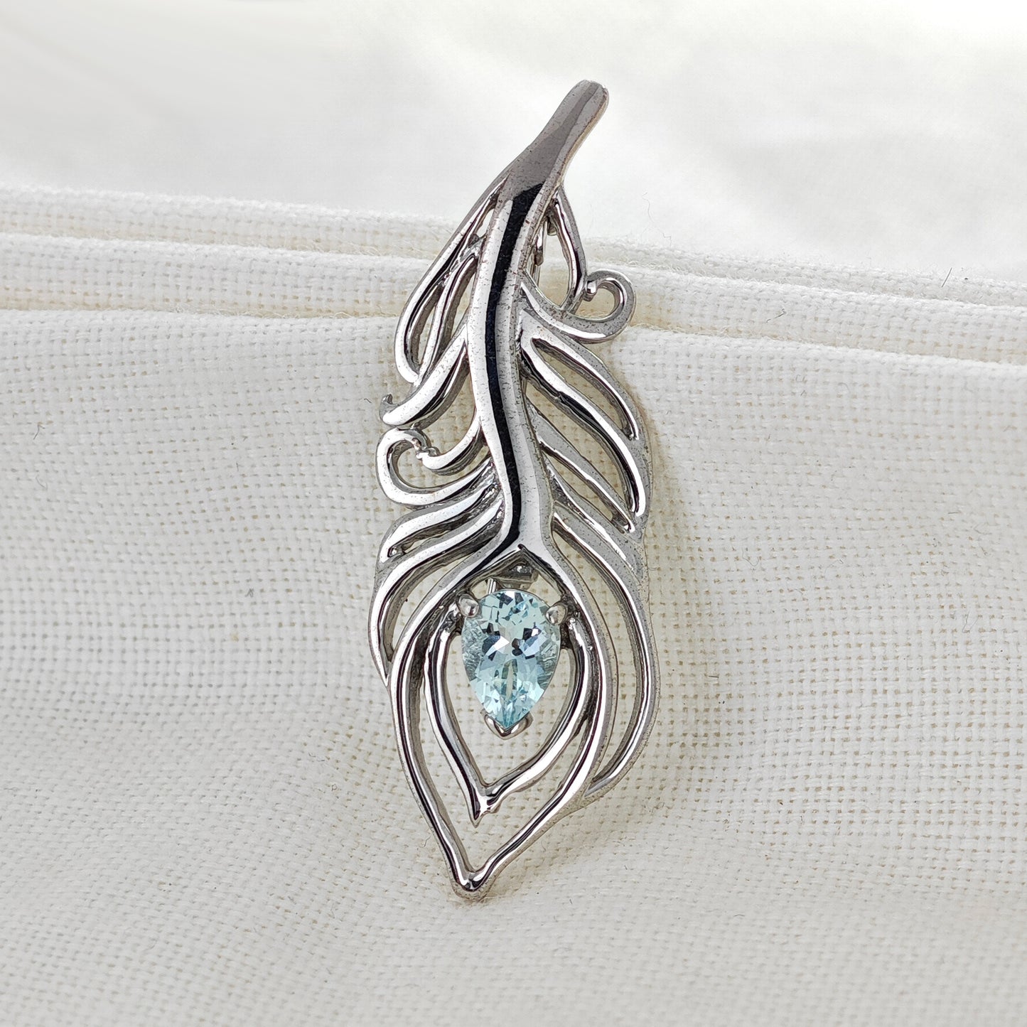 Aquamarine Sterling Silver Brooch Peacock Feather Boxed Gift