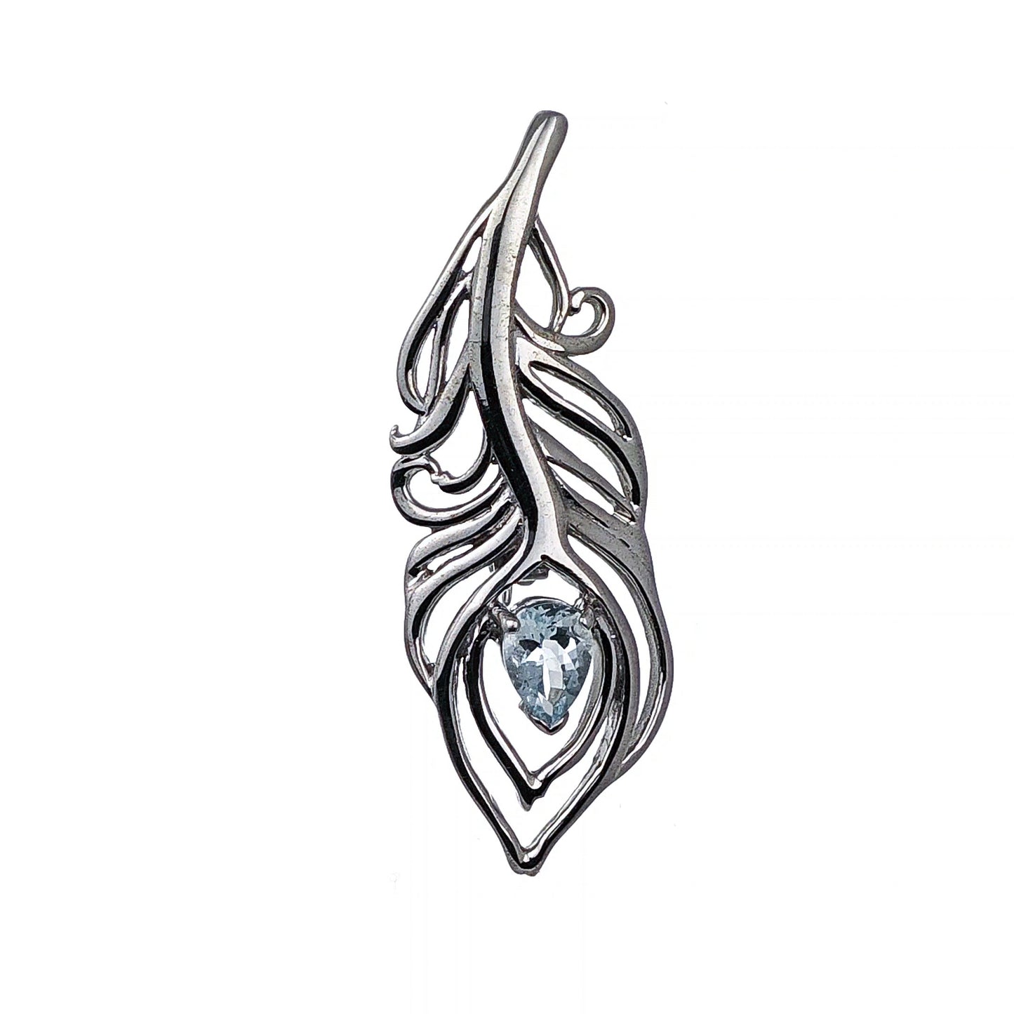 Aquamarine Sterling Silver Brooch Peacock Feather Boxed Gift