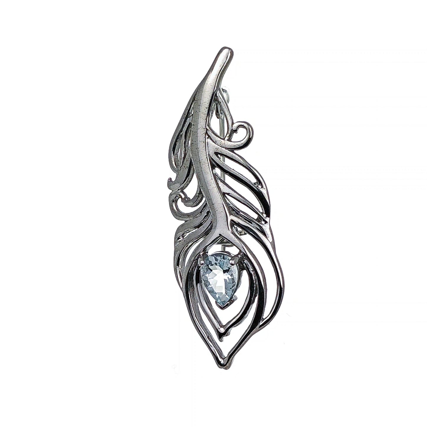 Aquamarine Sterling Silver Brooch Peacock Feather Boxed Gift