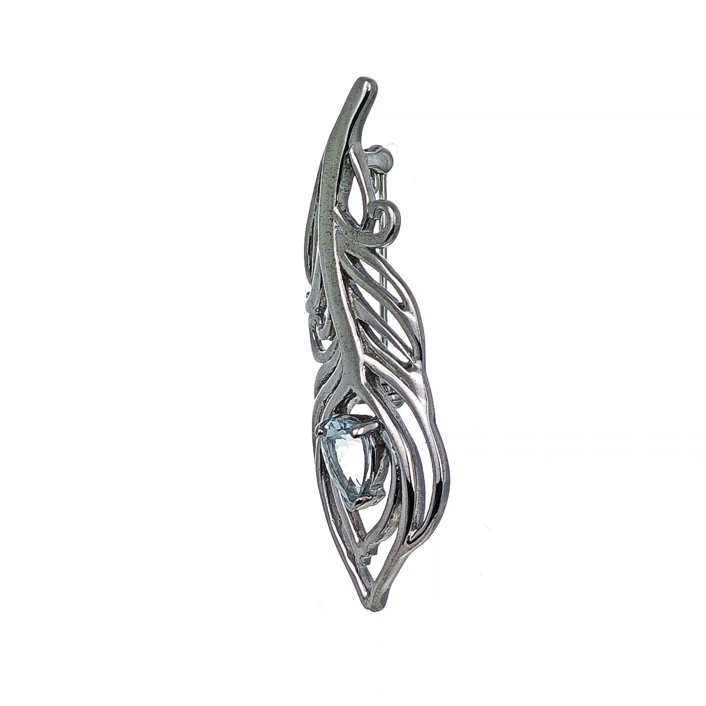 Aquamarine Sterling Silver Brooch Peacock Feather Boxed Gift