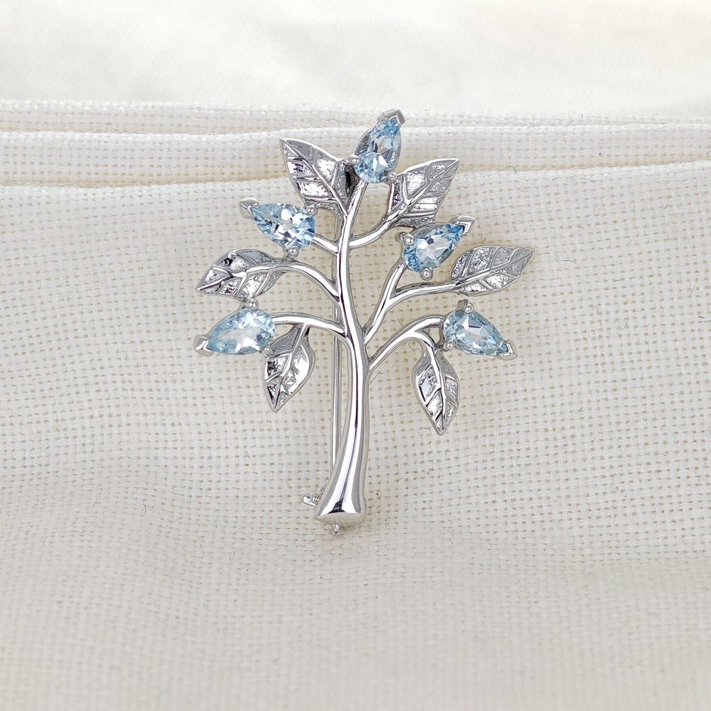 Aquamarine Brooch Tree of Life Sterling Silver New Personalised Gift