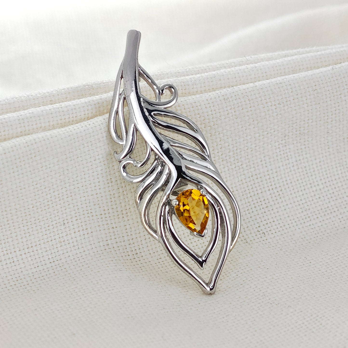 Citrine Sterling Silver Brooch 0.65ct Yellow Peacock Feather