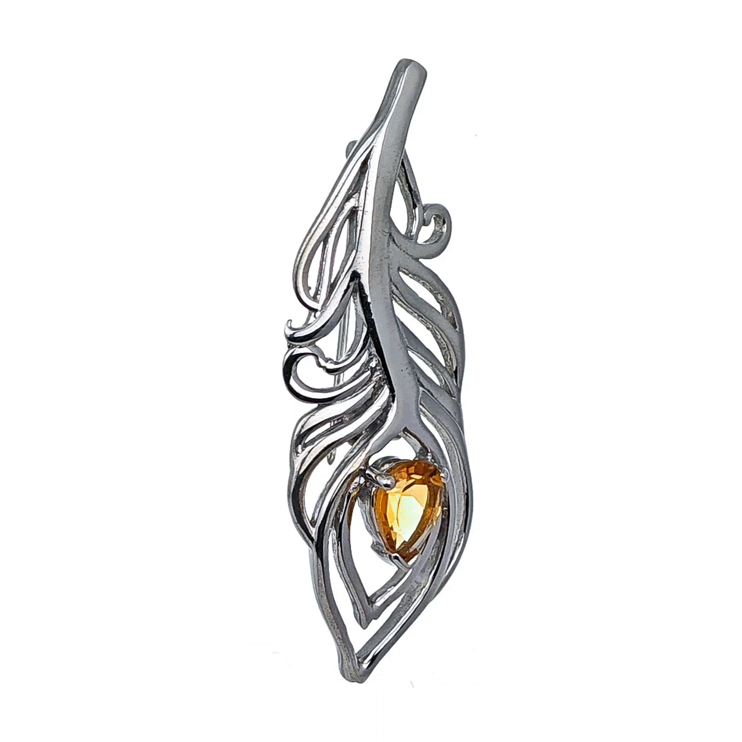 Citrine Sterling Silver Brooch 0.65ct Yellow Peacock Feather