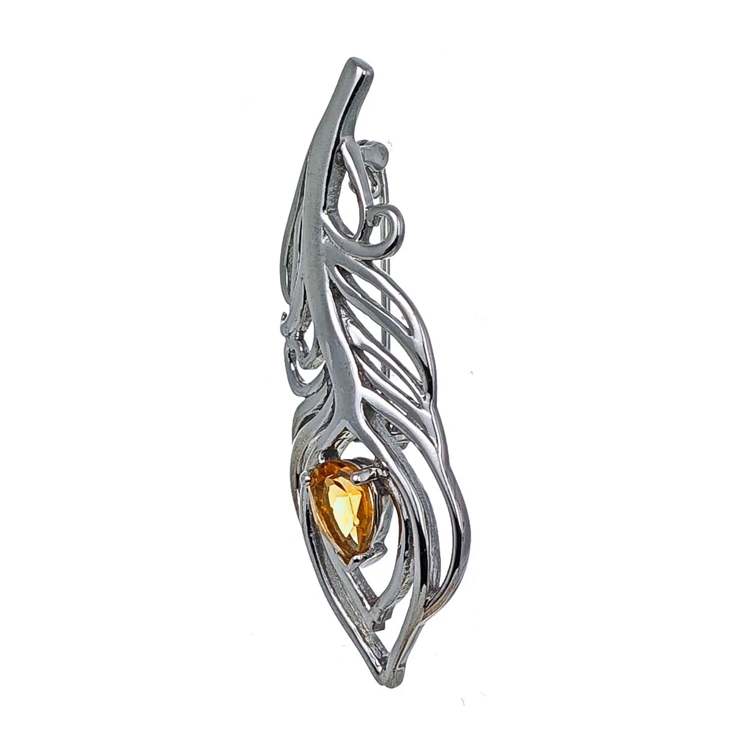 Citrine Sterling Silver Brooch 0.65ct Yellow Peacock Feather