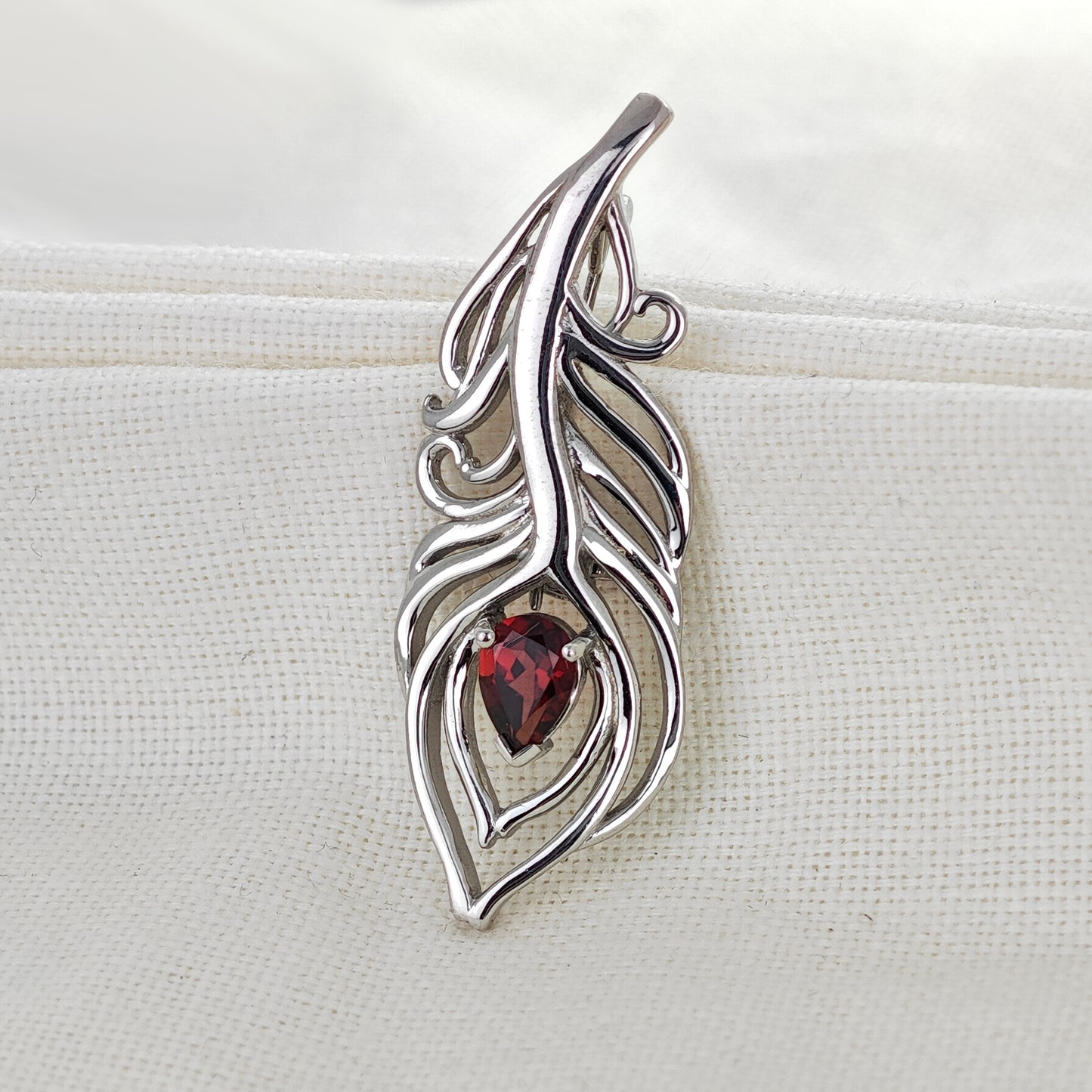 Garnet Sterling Silver Brooch Red 0.81ct Peacock Feather January Birthstone