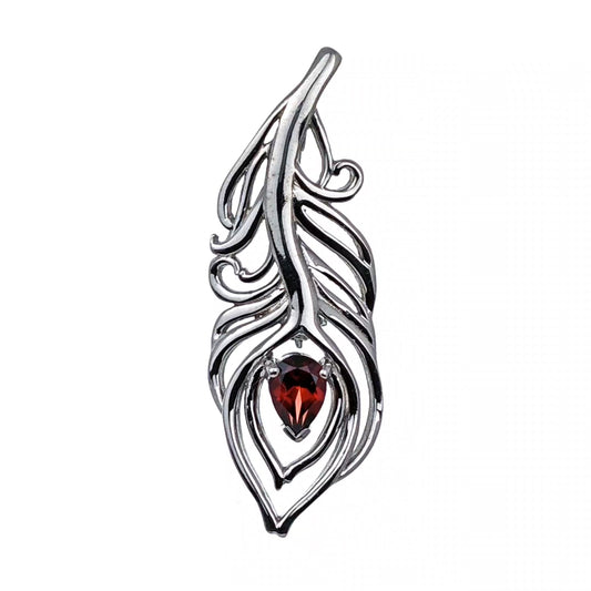 Garnet Sterling Silver Brooch Red 0.81ct Peacock Feather January Birthstone