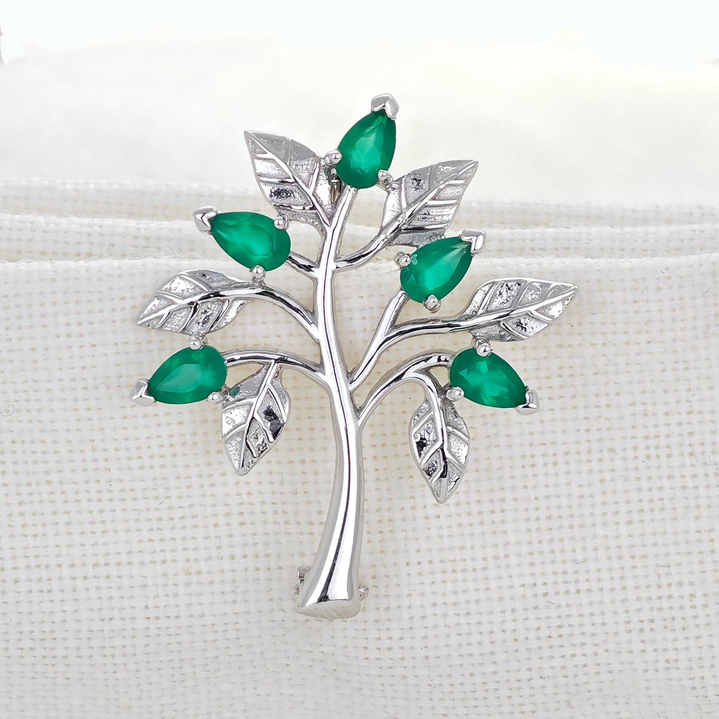 Green Onyx Brooch Sterling Silver Tree of Life Natural Stone Boxed Gift