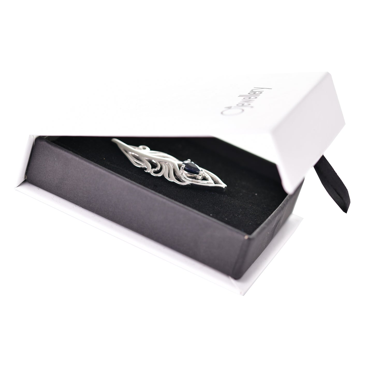 Sapphire Sterling Silver Brooch Peacock Feather Inky Blue Gift Boxed