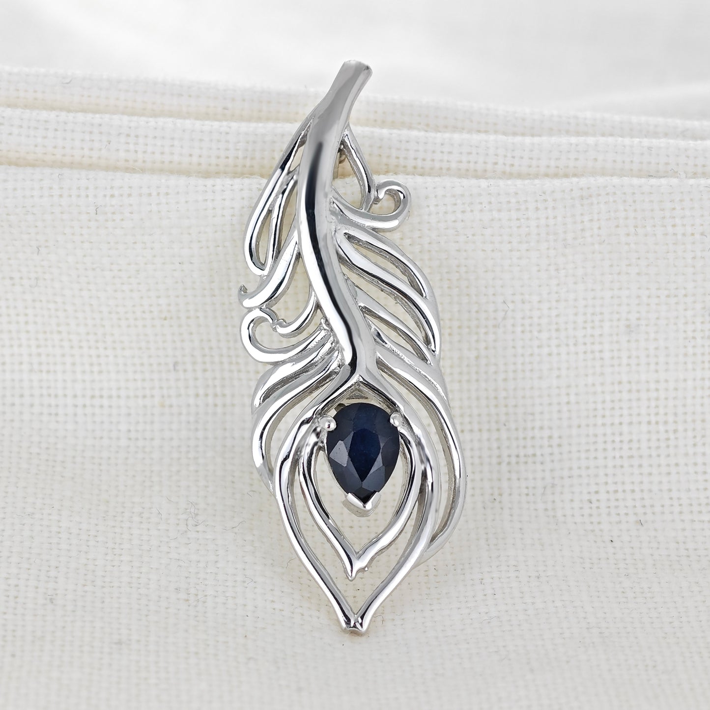 Sapphire Sterling Silver Brooch Peacock Feather Inky Blue Gift Boxed