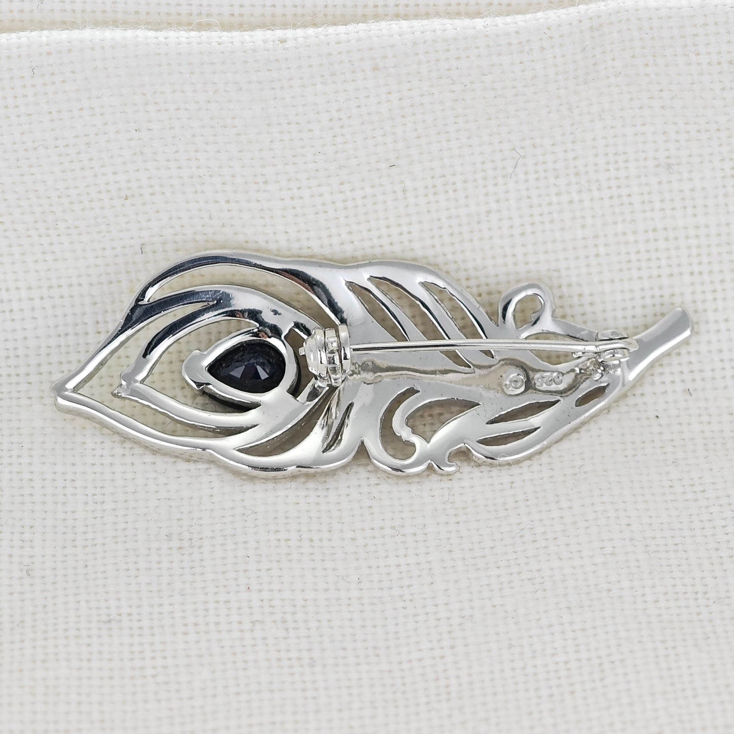 Sapphire Sterling Silver Brooch Peacock Feather Inky Blue Gift Boxed