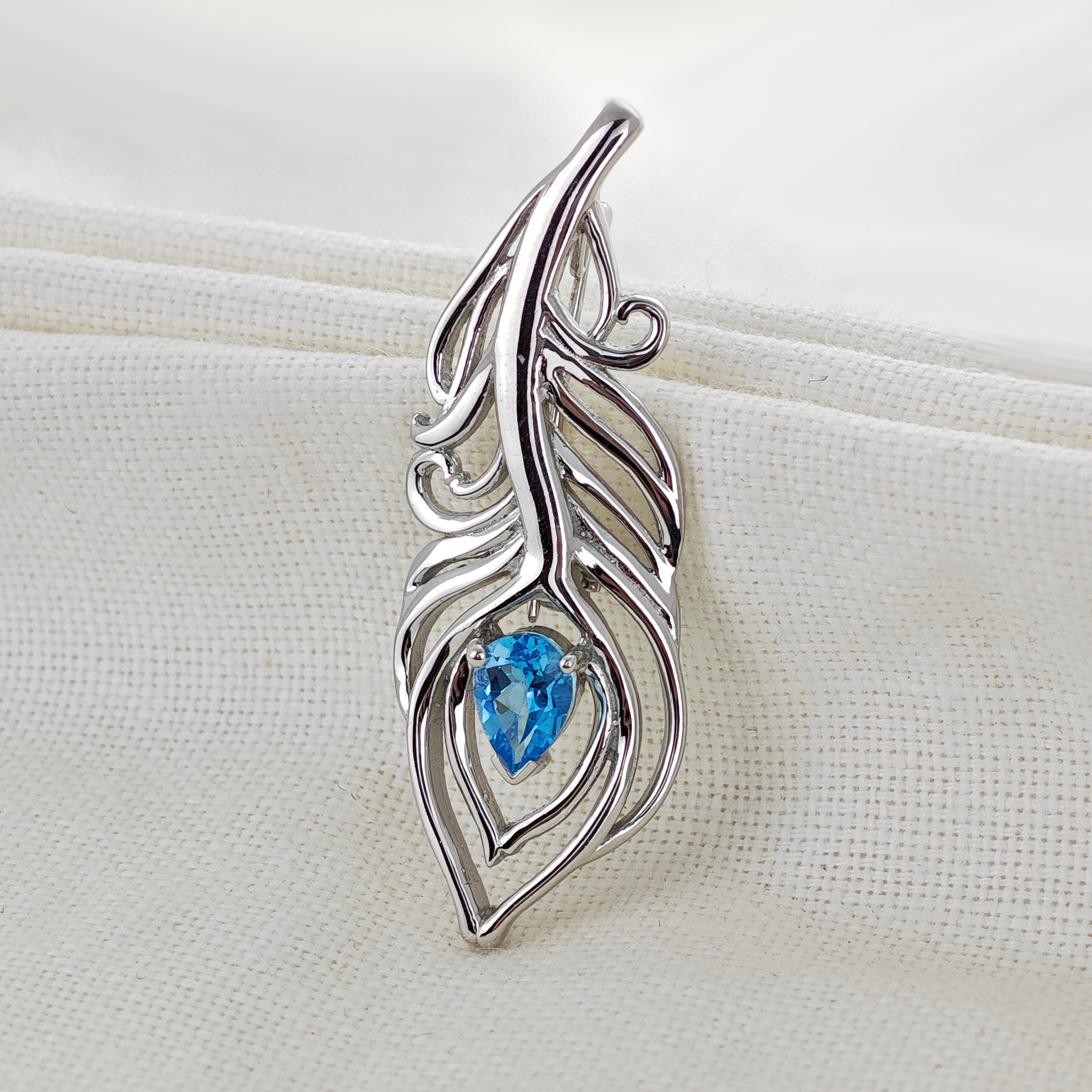 Blue Topaz Sterling Silver Brooch 0.77ct Peacock Feather December Birthstone