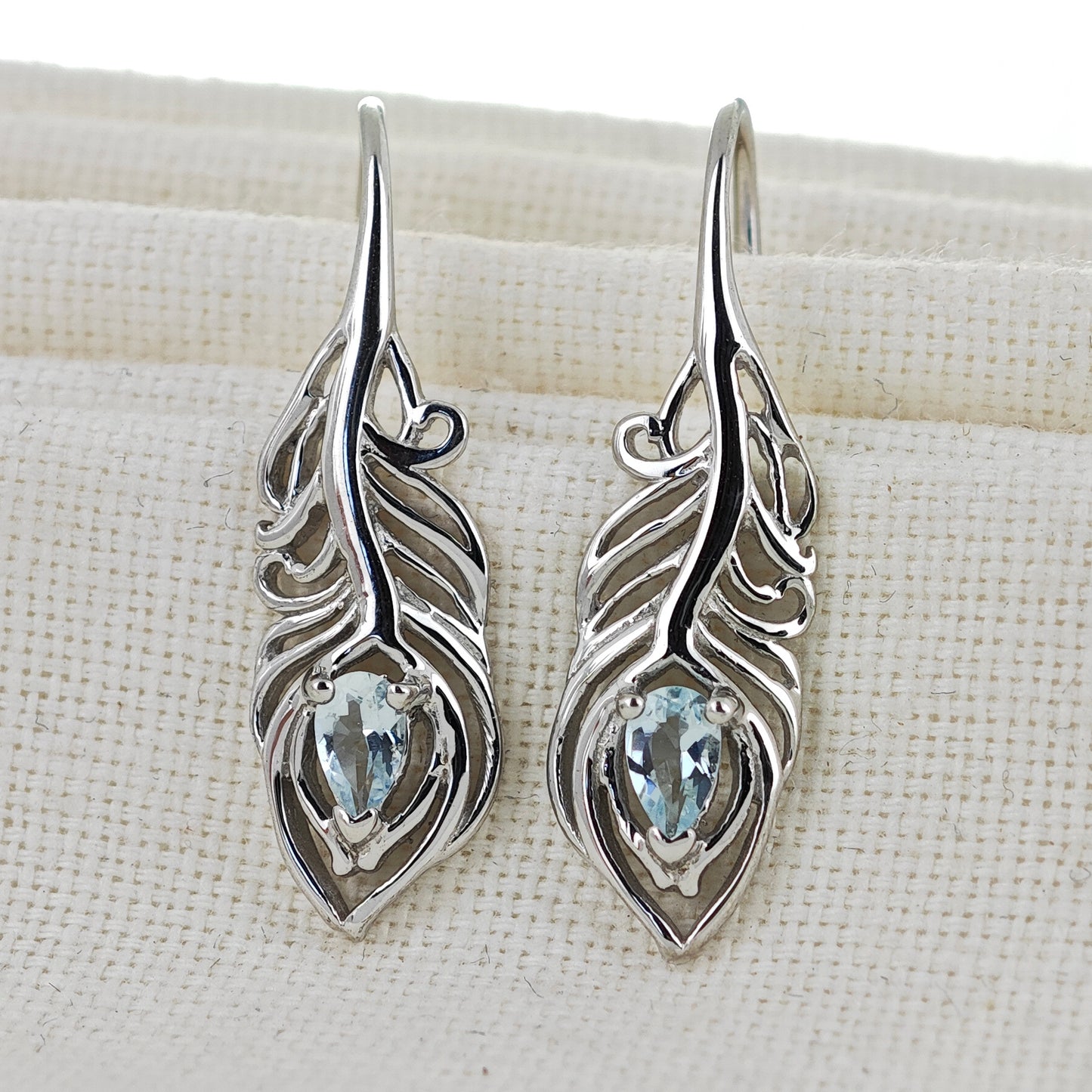 Sterling Silver Aquamarine Earrings Dangle Peacock Feather March Birthstone