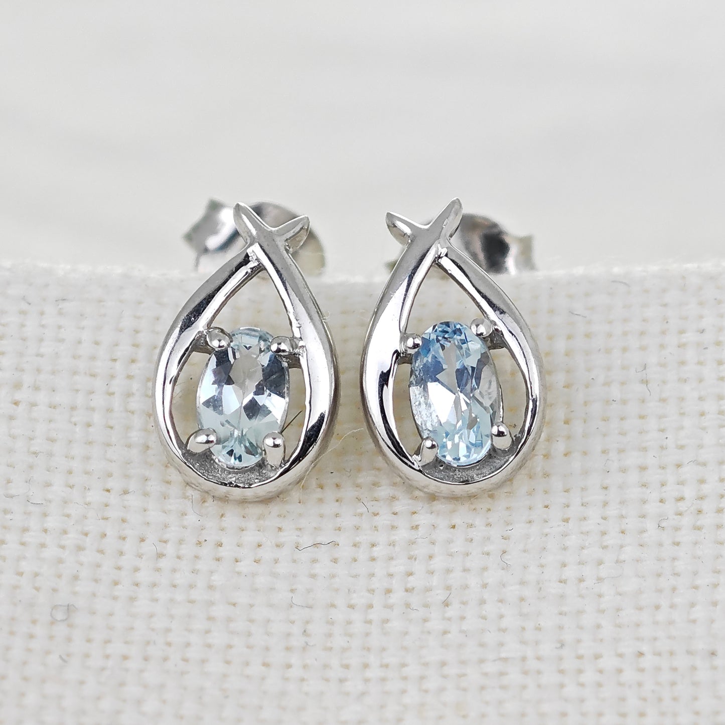 Aquamarine Earrings Pear Blue Twist Studs Sterling Silver