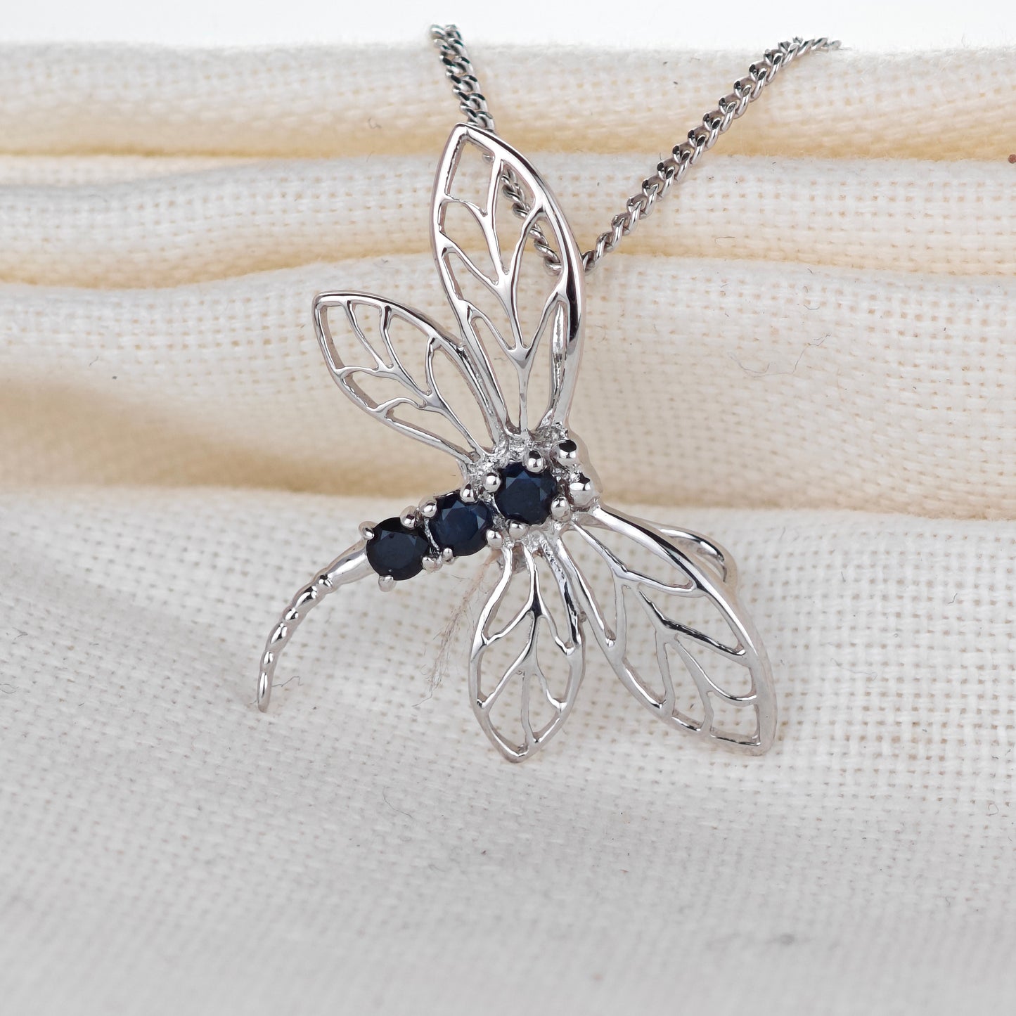 Sapphire Ink Blue Dragonfly Necklace Sterling Silver