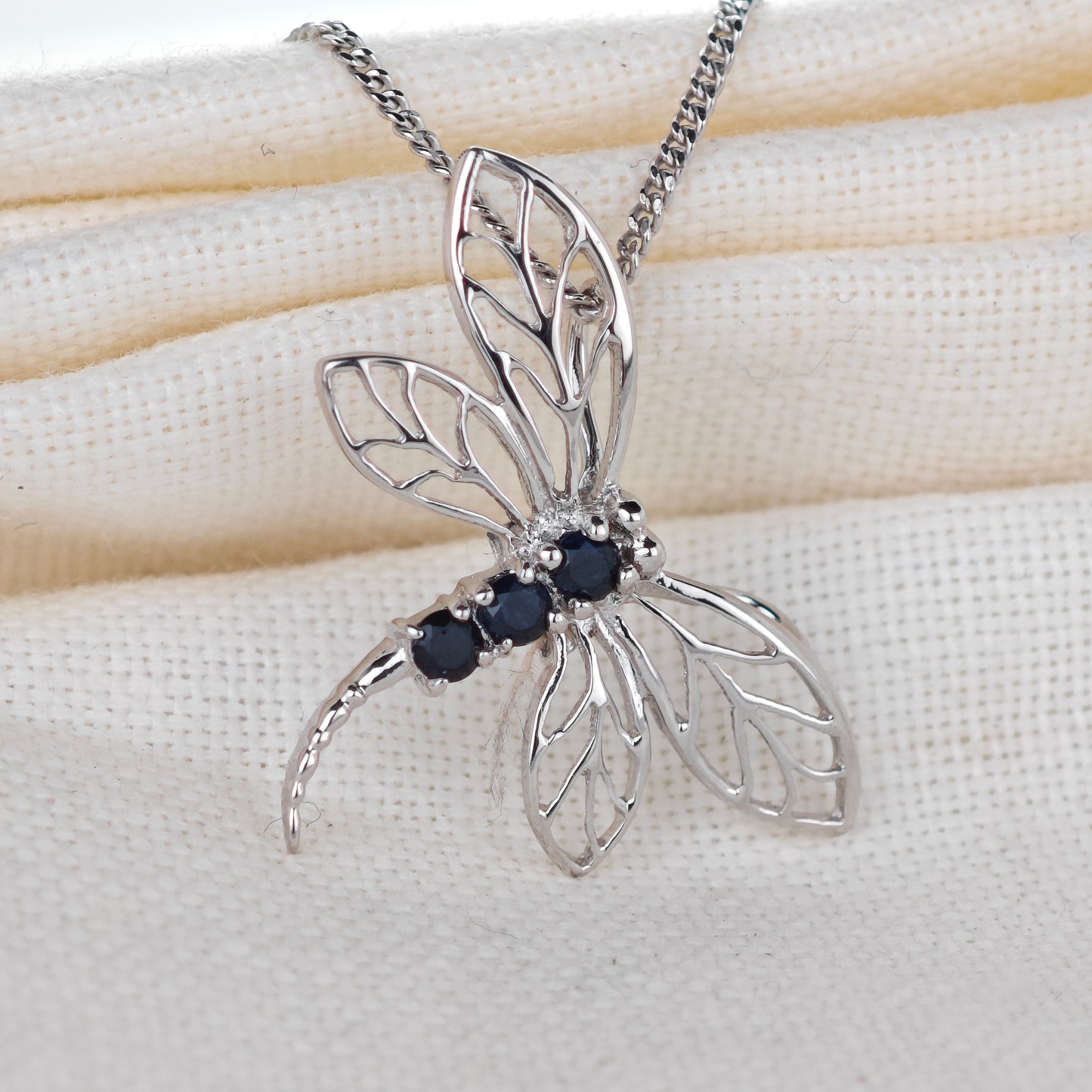 Sapphire Ink Blue Dragonfly Necklace Sterling Silver