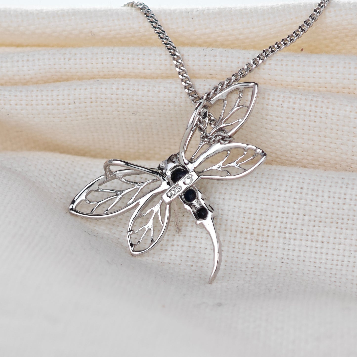 Sapphire Ink Blue Dragonfly Necklace Sterling Silver