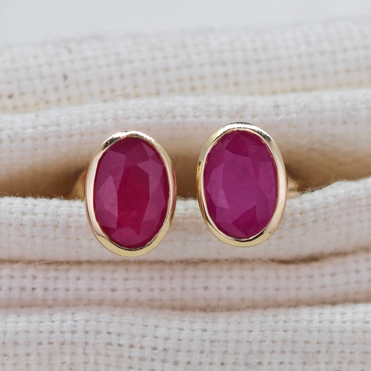 9ct Gold Earrings Stud Ruby Red 1.2ct 6x4 Oval Rubover Setting