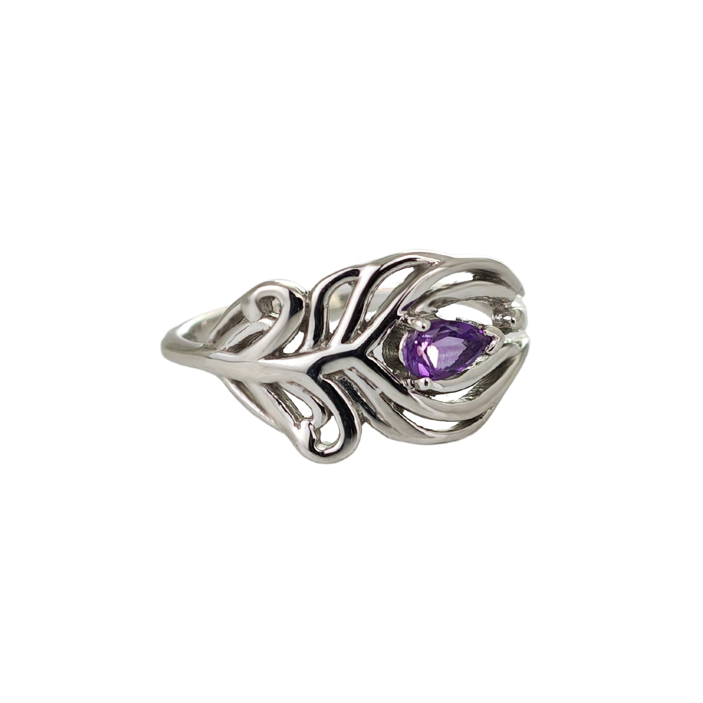 Amethyst Peacock Feather Adjustable Ring Size J-T Sterling Silver