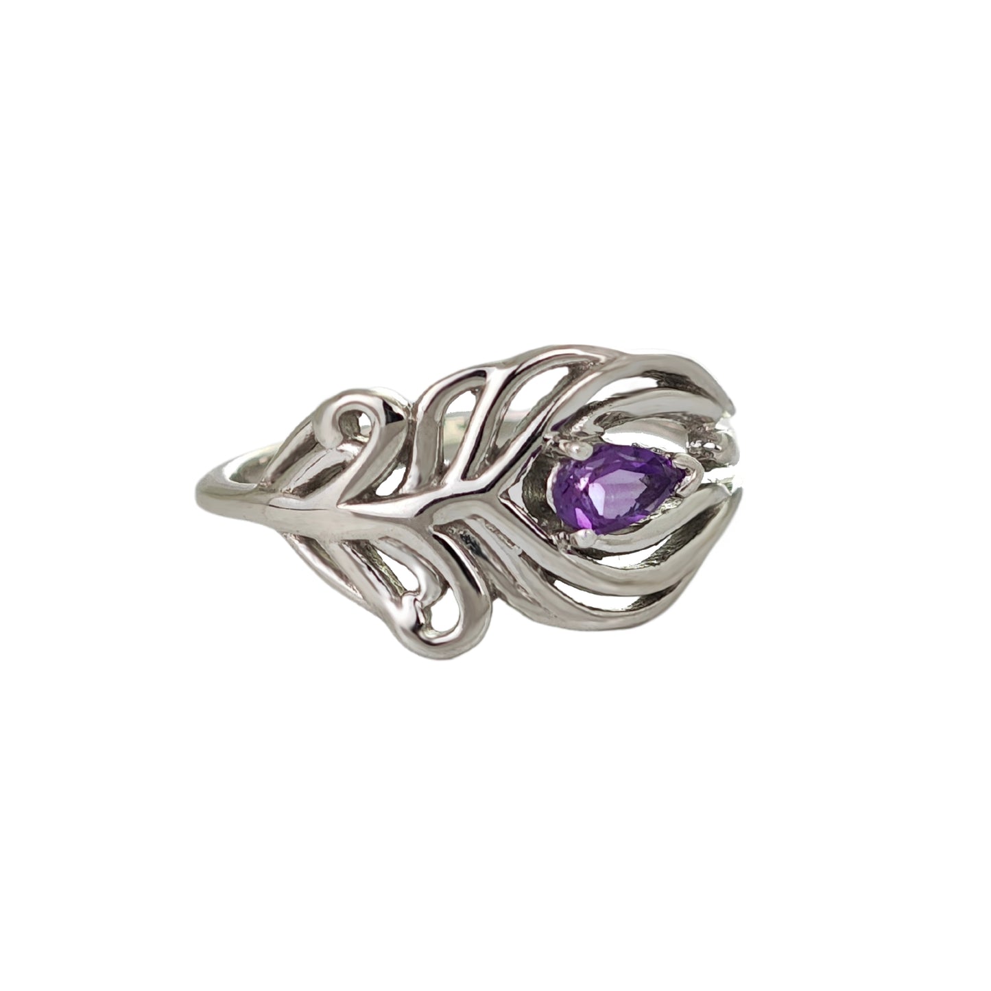 Amethyst Peacock Feather Adjustable Ring Size J-T Sterling Silver