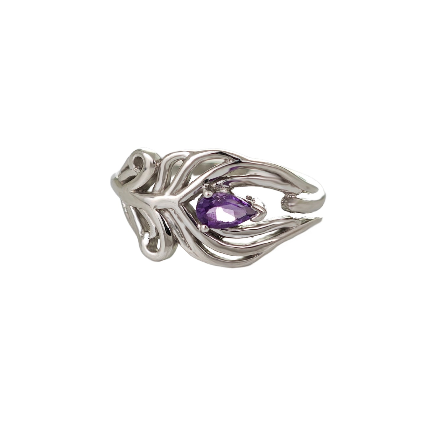 Amethyst Peacock Feather Adjustable Ring Size J-T Sterling Silver