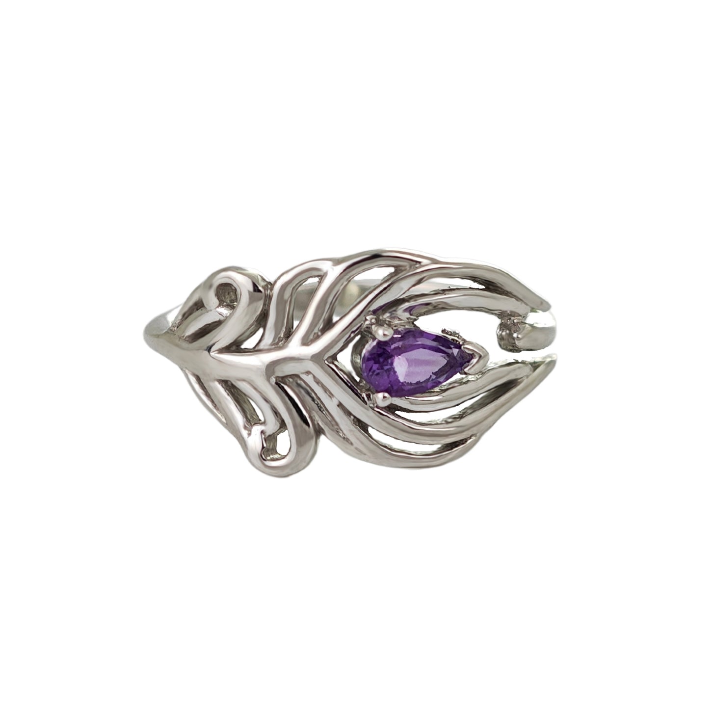 Amethyst Peacock Feather Adjustable Ring Size J-T Sterling Silver