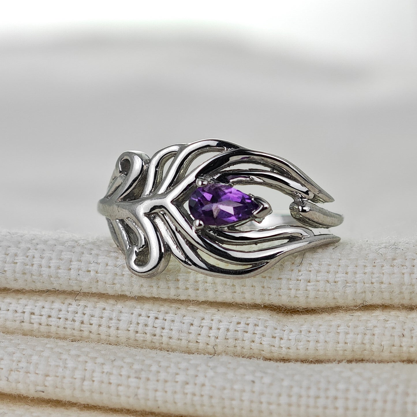 Amethyst Peacock Feather Adjustable Ring Size J-T Sterling Silver