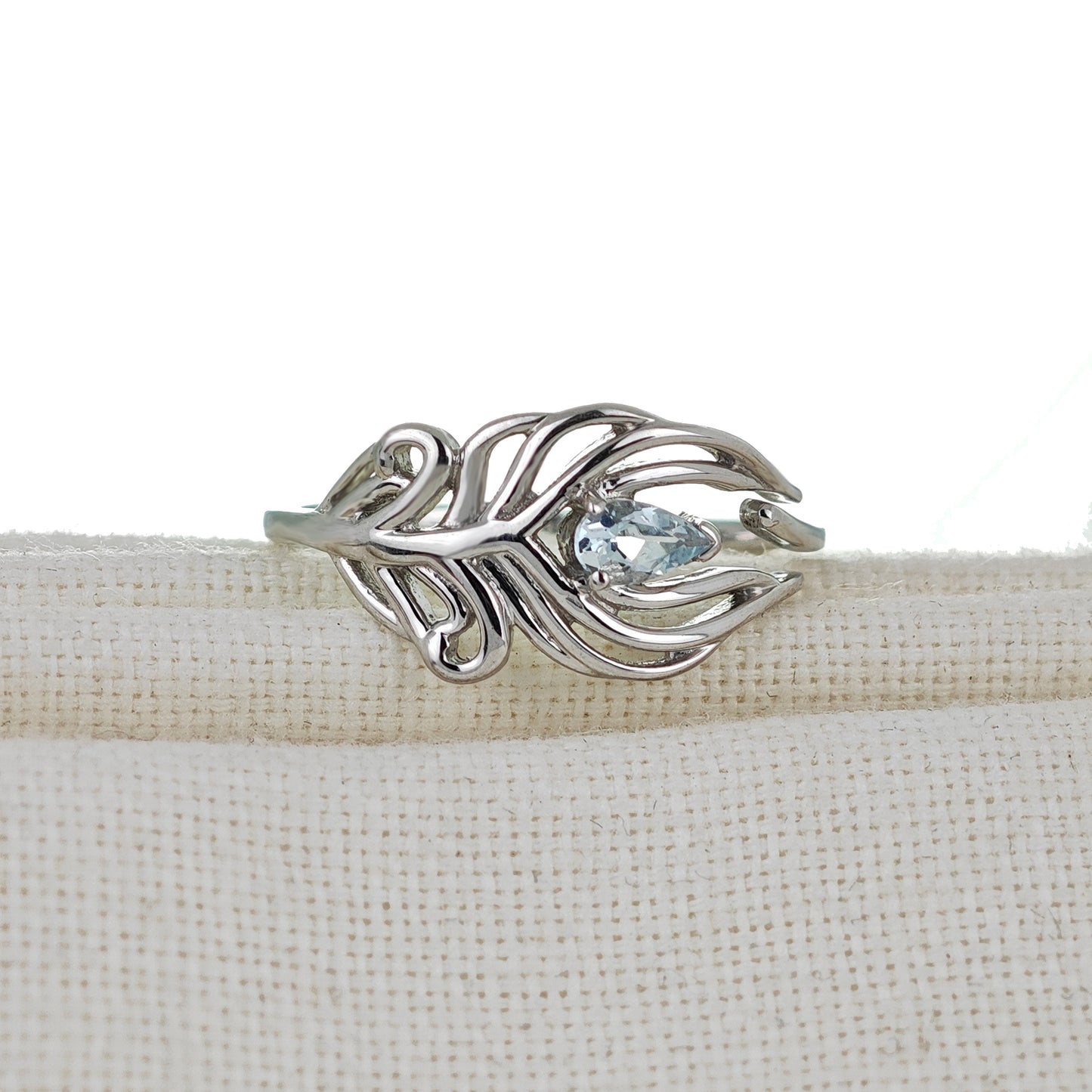 Sterling Silver Aquamarine Ring Peacock Feather