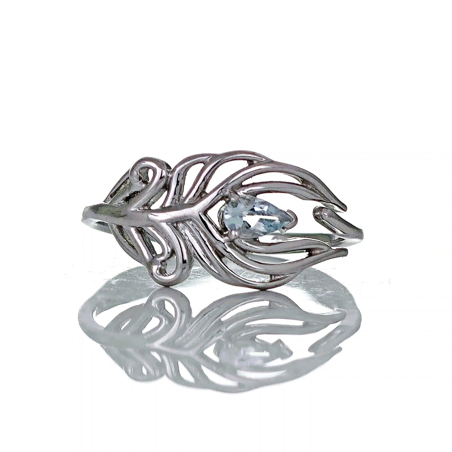 Sterling Silver Aquamarine Ring Peacock Feather