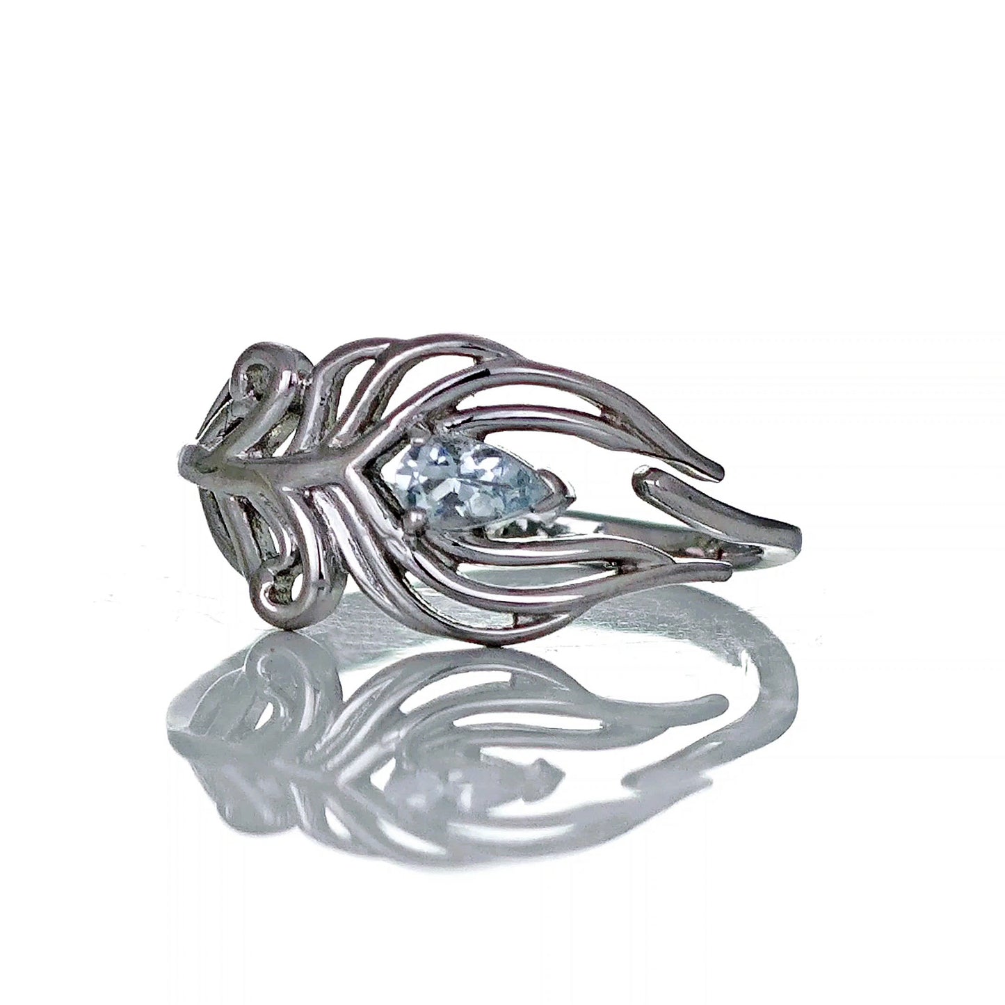 Sterling Silver Aquamarine Ring Peacock Feather