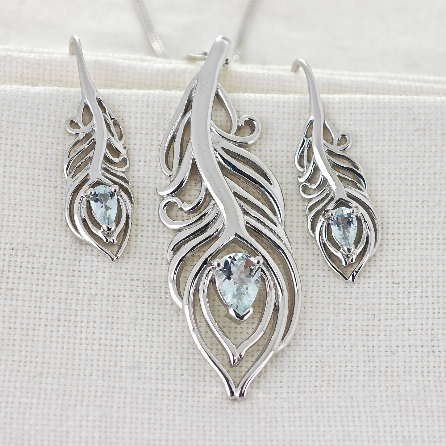 Sterling Silver Aquamarine Set Peacock Feather