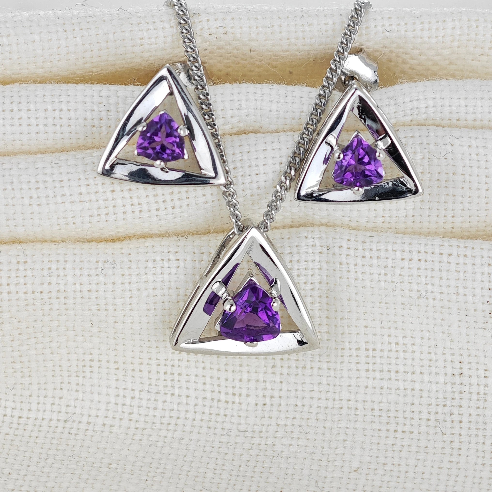 amethyst set triangle pendant and stud earrings