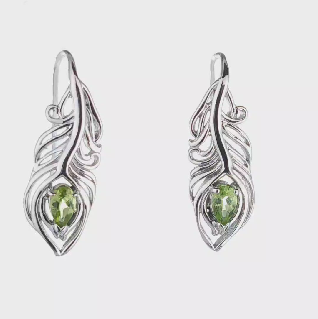 Peridot Peacock Feather Earrings Sterling Silver Model