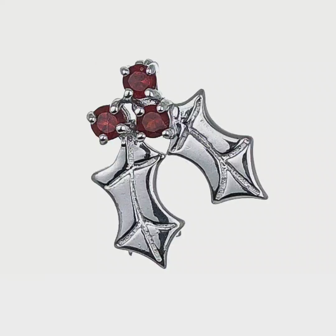 Holly with Garnet Sterling Silver Pin, Red Winterberry Holly Leaf Brooch in Sterling Silver, Holly sold Berry and Leaf Brooch in Sterling Silver