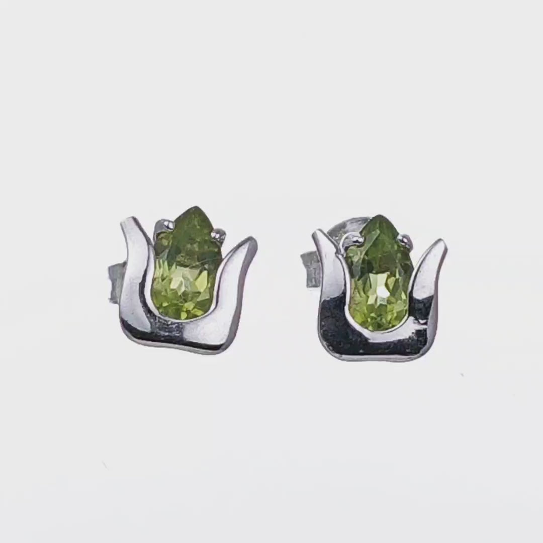 Natural Green Peridot Tulip Stud Earrings Video