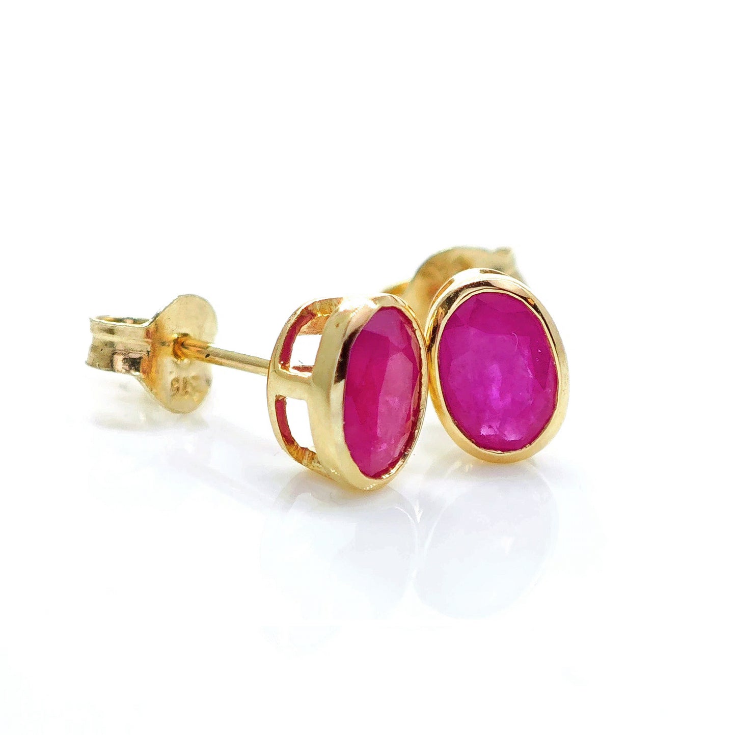 9ct Gold Earrings Stud Ruby Red 1.2ct 6x4 Oval Rubover Setting