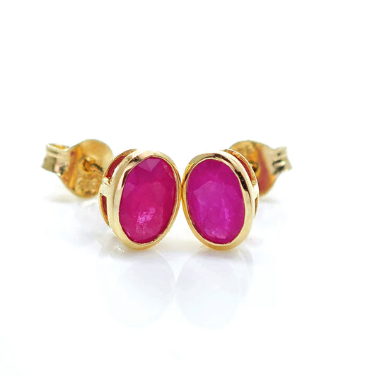 9ct Gold Earrings Stud Ruby Red 1.2ct 6x4 Oval Rubover Setting