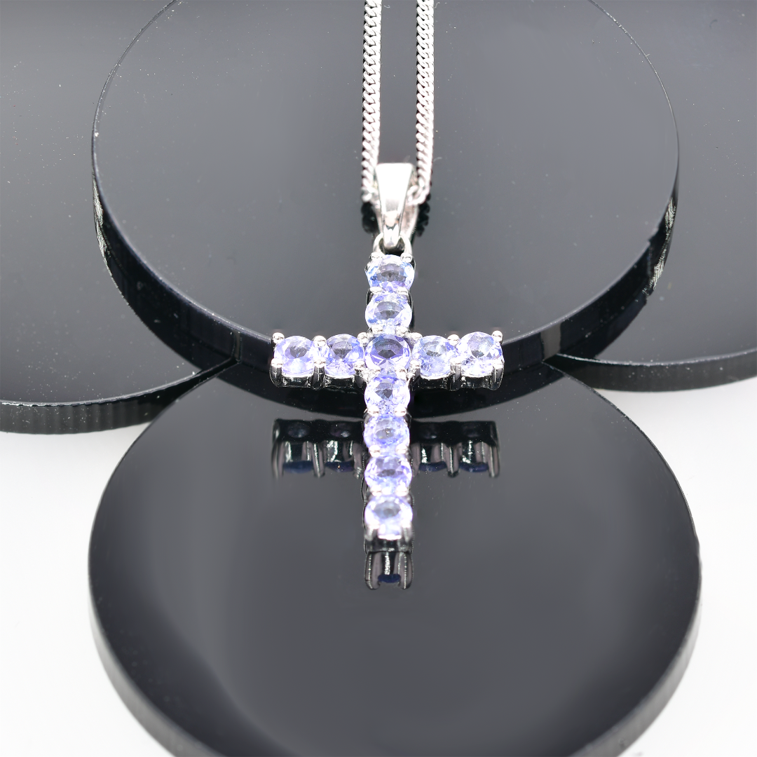 Silver Necklace Tanzanite Blue Cross 1.32ct 18'' Chain P0TX1SR