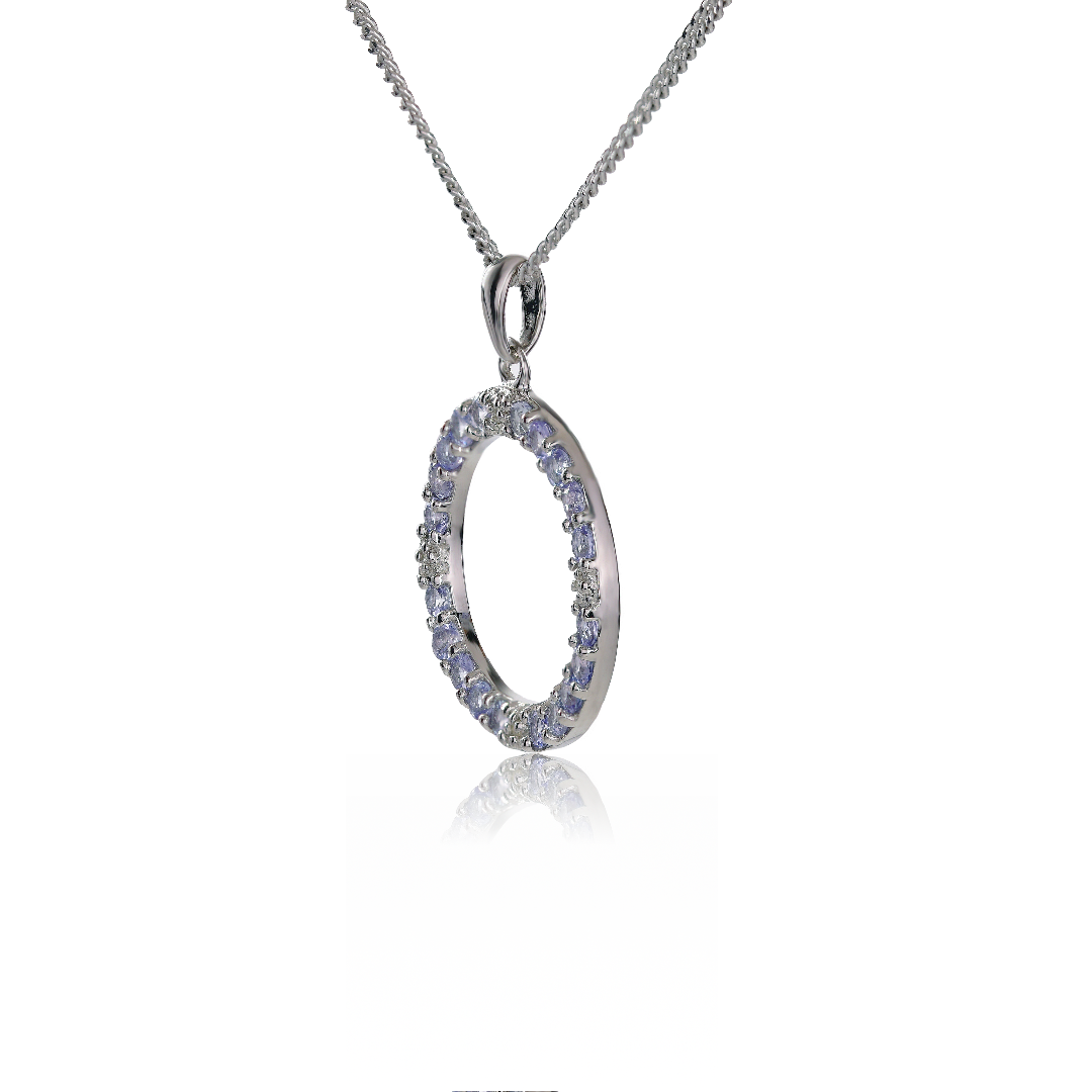 Silver Diamond Necklace Tanzanite 1ct Circle 18'' Chain