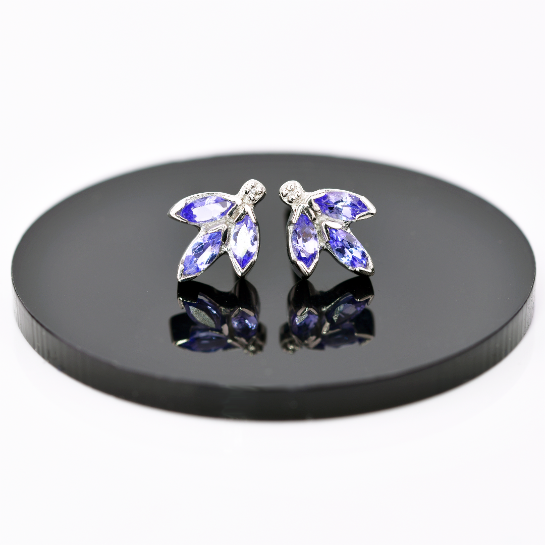 Silver Diamond Earrings Stud Blue Tanzanite Maquise Womens