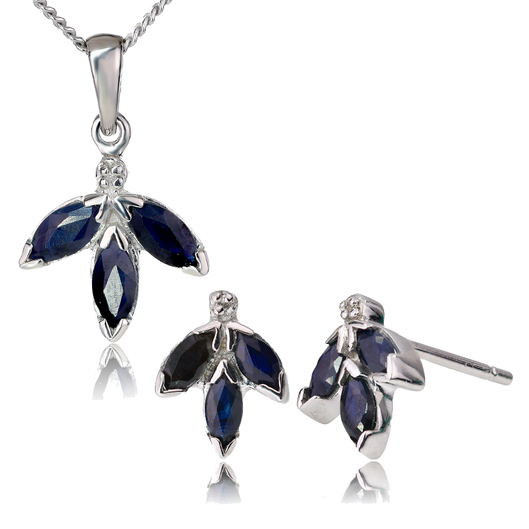 Diamond Necklace Earring Set Silver Sapphire Pendant 1.65ct Blue Marquise