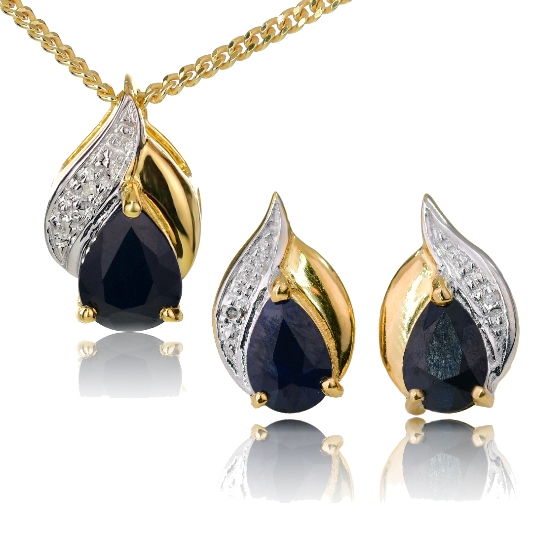 Diamond Necklace Earrings Silver Set Gold Plate Blue Sapphire 1.75ct Ojewellery