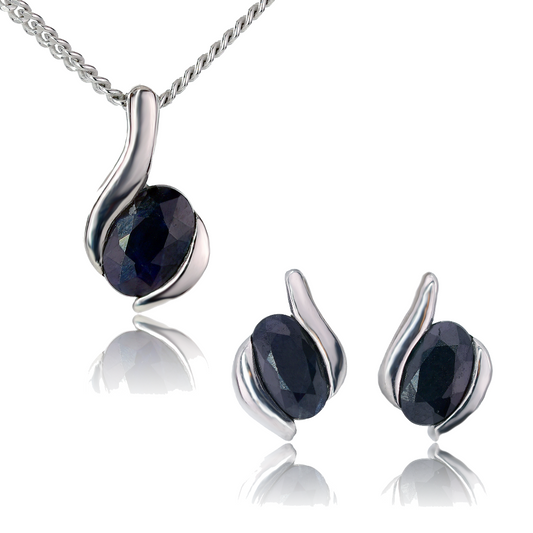 Silver Necklace Earring Set 925 Sapphire Blue 1.3ct Oval 18'' Chain