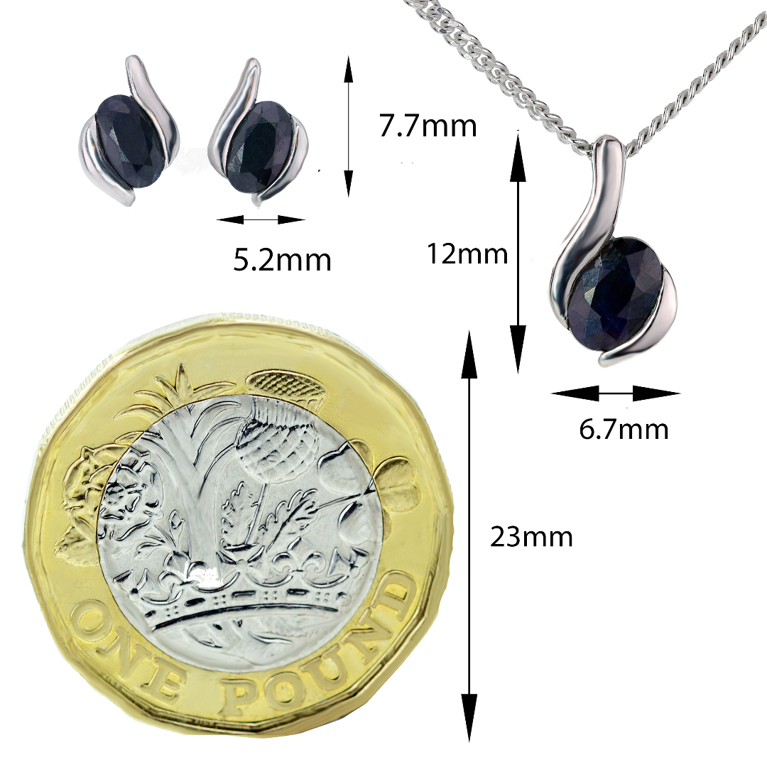 Silver Necklace Earring Set 925 Sapphire Blue 1.3ct Oval 18'' Chain